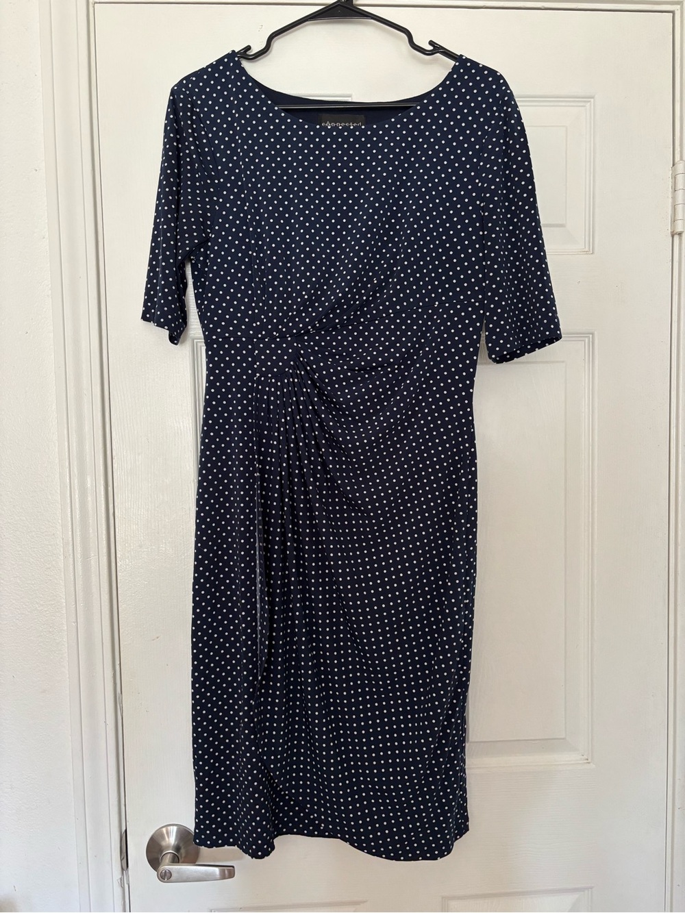 connected apparel Navy Polka Dot Midi Dress with Side Gather